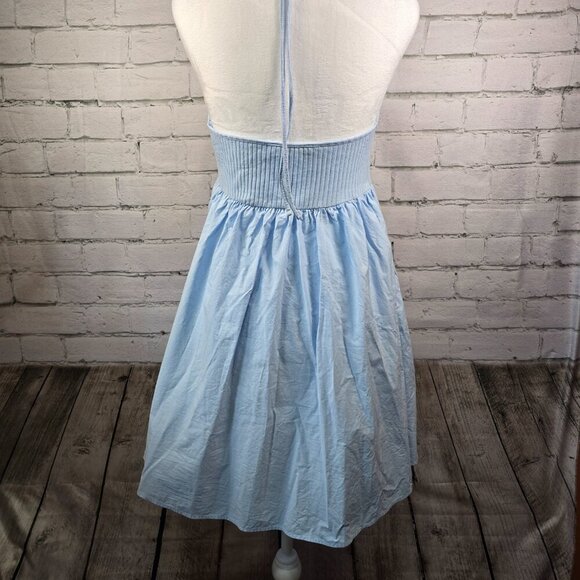 WOMENS ZARA HALTER DRESS BABY BLUE KNIT TOP PUFFED SKIRT SIDE POCKETS SIZE SMALL - Picture 3 of 9